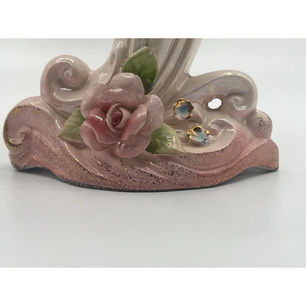 Lefton Ceramic Cornucopia Floral Gold Trim Vases Set 2 Hand‎ painted